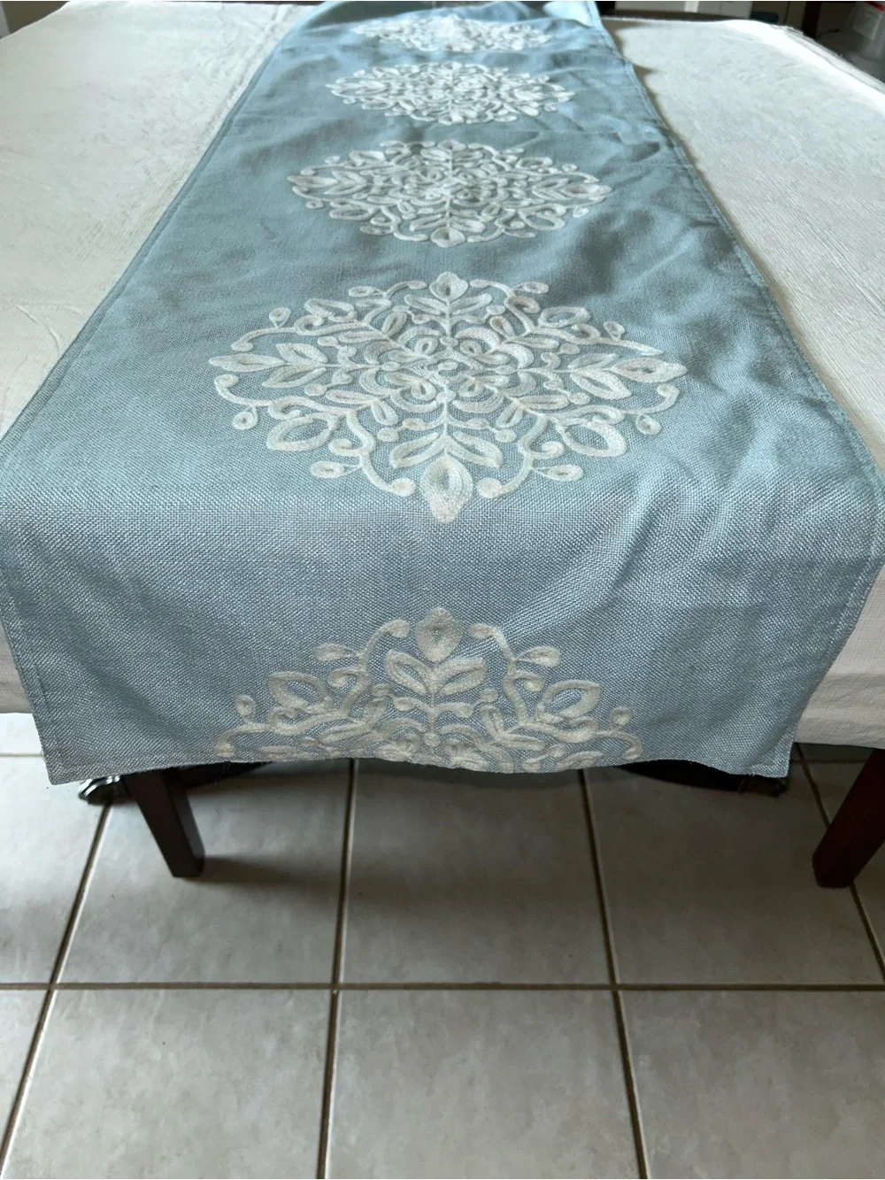 Embroidered Table Runner in Aqua & White. 80” x 15-1/2”. Lined. VGUC.